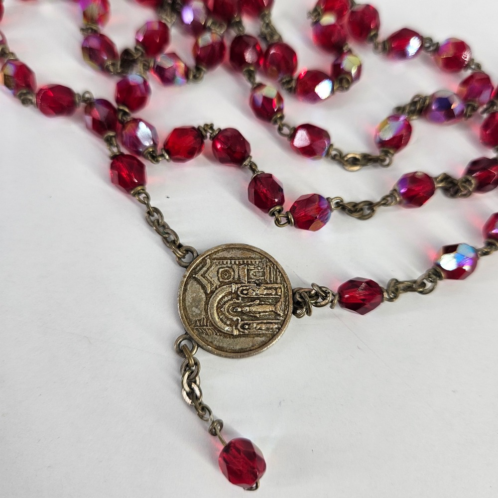 Vtg Red Aurora Borealis Crystal Bead Rosary Necklace Catholic Shrine Medallion